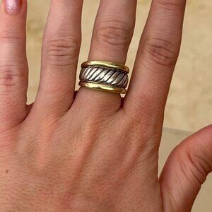 David Yurman Two-Tone Cable Cigar Band Ring Sterling Silver & 14K Gold, Size 6.5
